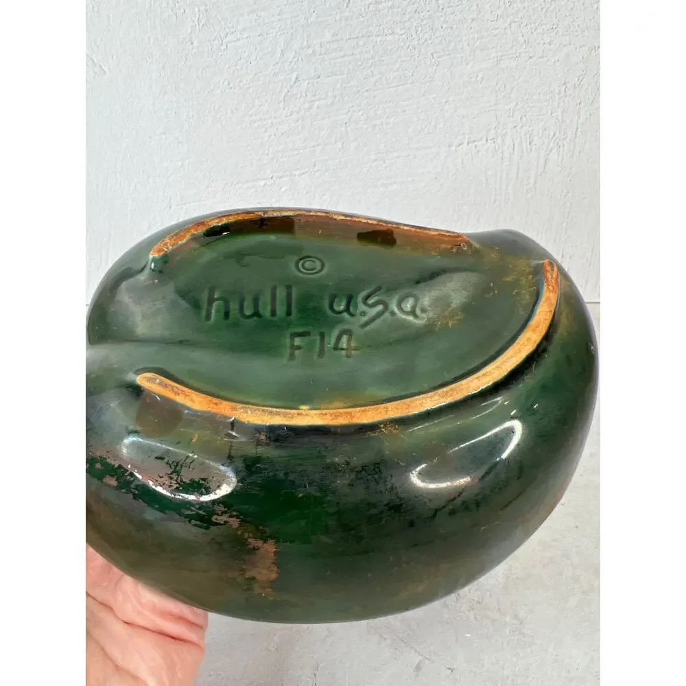 Vintage Mid Century Modern Hull Pottery USA Dark Green Leaf Bowl Dish‎ F14